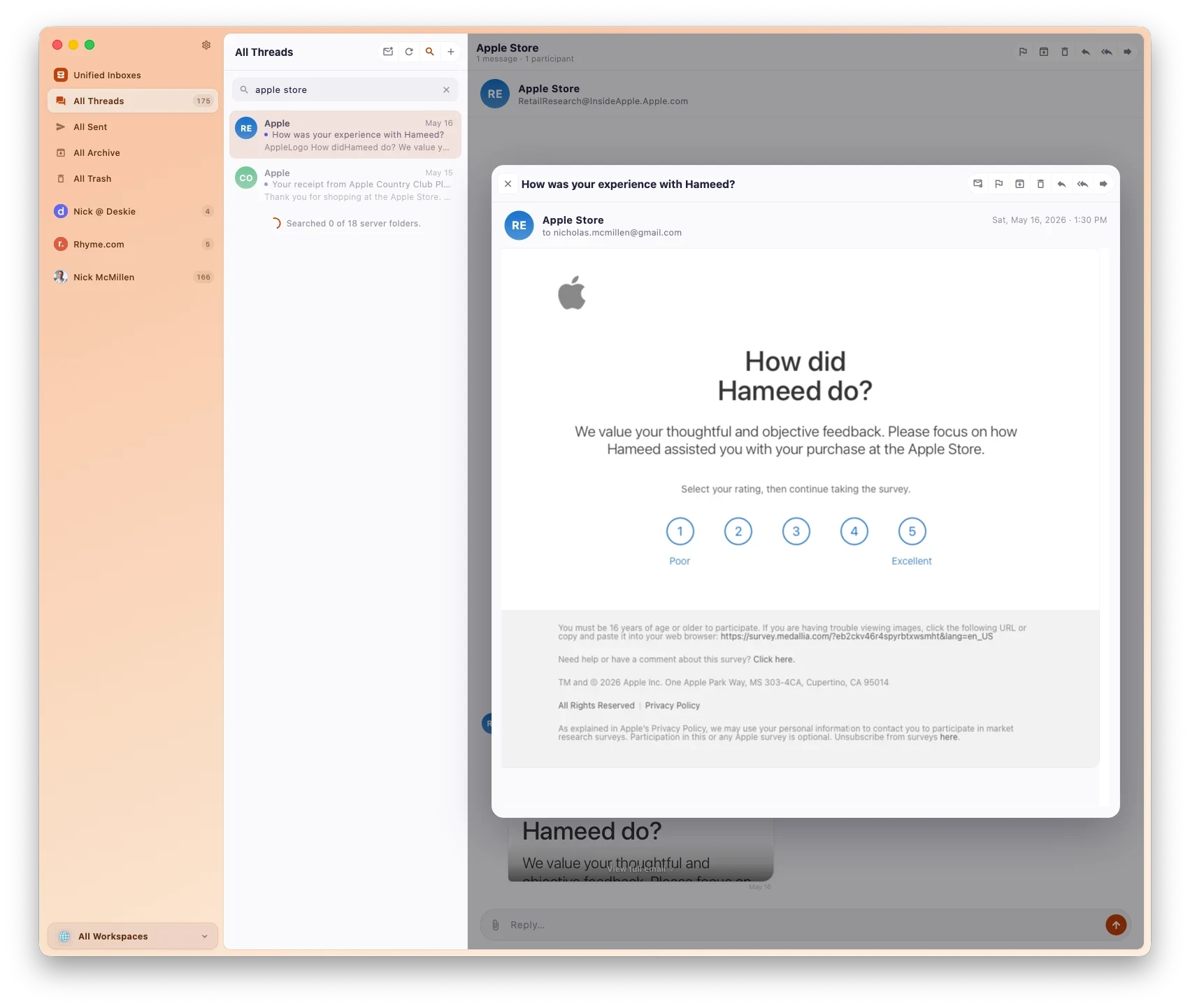 Charlie: workspaces in the sidebar and a thread drawn as chat bubbles