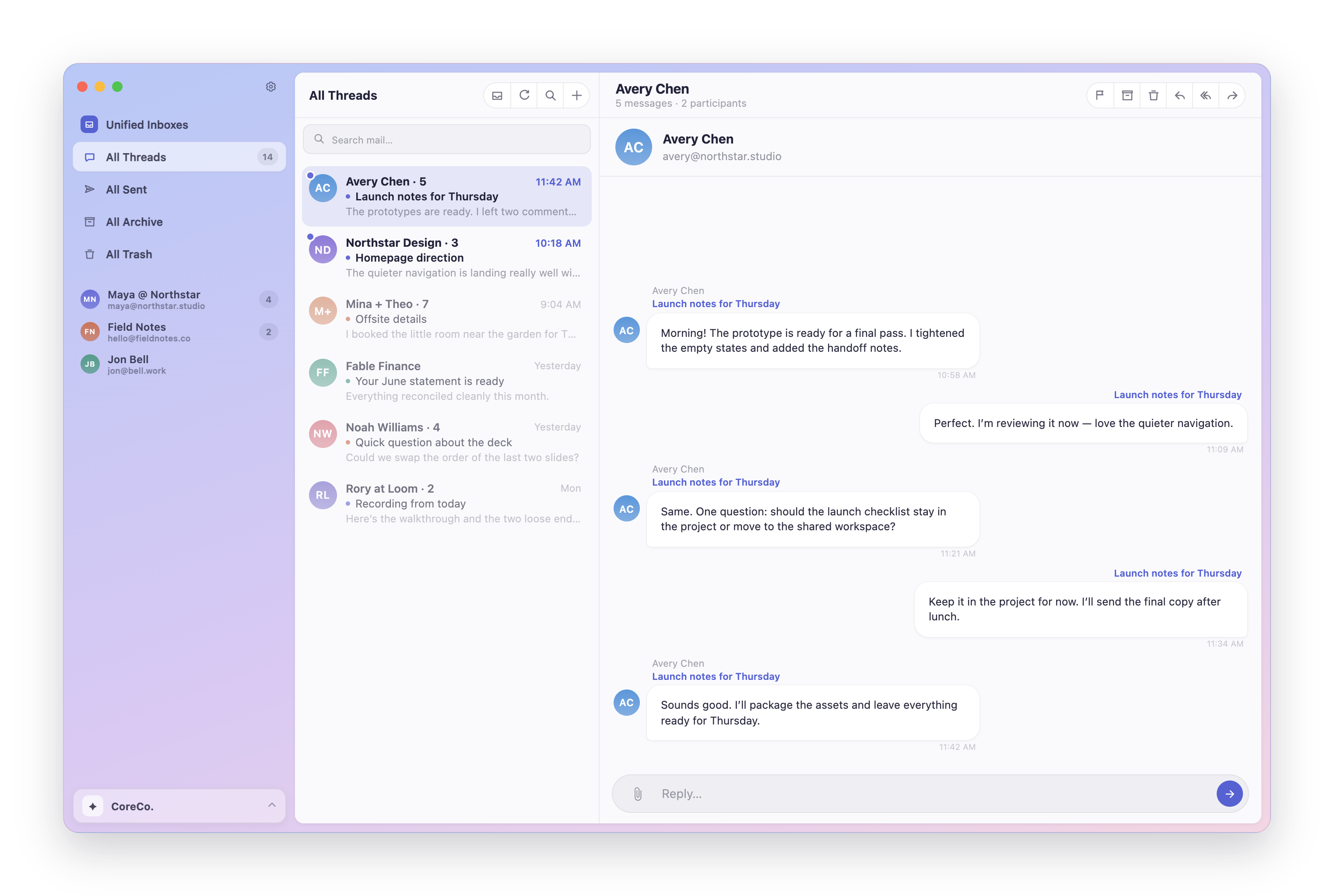 Charlie: workspaces in the sidebar and a thread drawn as chat bubbles